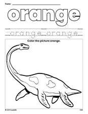 Free dinosaur color orange coloring page and color worksheet, orange worksheet for preschoolers to learn colors, printable PDF