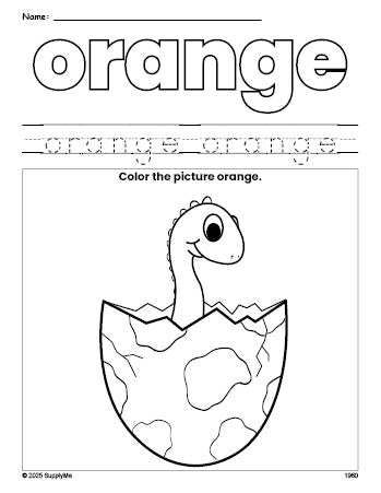 Free dinosaur color orange coloring page and color worksheet, orange worksheet for preschoolers to learn colors, printable PDF