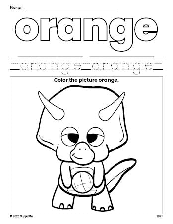 Free dinosaur color orange coloring page and color worksheet, orange worksheet for preschoolers to learn colors, printable PDF