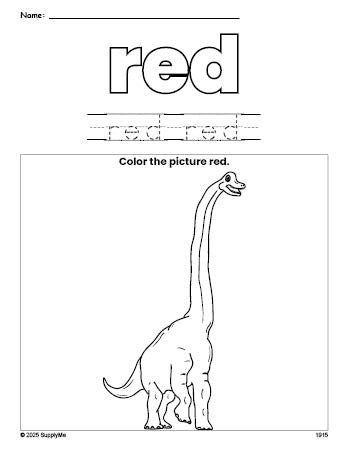 Free dinosaur color red coloring page and color worksheet, red worksheet for preschoolers to learn colors, printable PDF