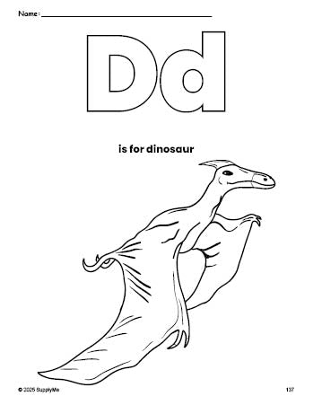 Free printable dinosaur coloring page, letter d coloring page for preschool, pre-k, and kindergarten, PDF