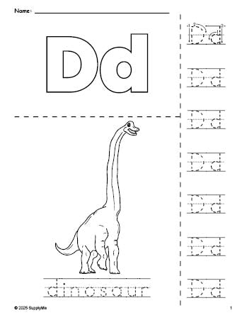 Free printable dinosaur coloring page and letter tracing worksheet, letter d worksheet for preschool, pre-k, and kindergarten, PDF