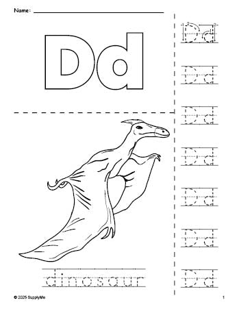 Free printable dinosaur coloring page and letter tracing worksheet, letter d worksheet for preschool, pre-k, and kindergarten, PDF