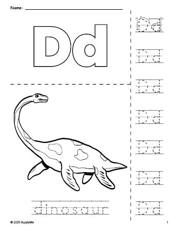 Free printable dinosaur coloring page and letter tracing worksheet, letter d worksheet for preschool, pre-k, and kindergarten, PDF