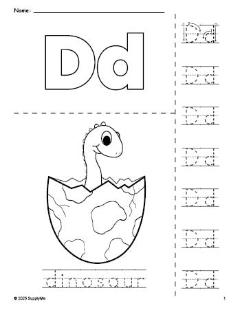 Free printable dinosaur coloring page and letter tracing worksheet, letter d worksheet for preschool, pre-k, and kindergarten, PDF