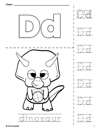 Free printable dinosaur coloring page and letter tracing worksheet, letter d worksheet for preschool, pre-k, and kindergarten, PDF