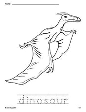 Free printable dinosaur coloring page and word tracing worksheet, perfect for preschool, pre-k, and kindergarten, PDF