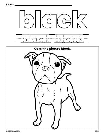 Free dog color black coloring page and color worksheet, black worksheet for preschoolers to learn colors, printable PDF
