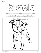 Free dog color black coloring page and color worksheet, black worksheet for preschoolers to learn colors, printable PDF