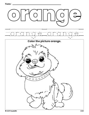 Free dog color orange coloring page and color worksheet, orange worksheet for preschoolers to learn colors, printable PDF