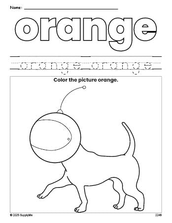 Free dog color orange coloring page and color worksheet, orange worksheet for preschoolers to learn colors, printable PDF
