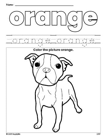 Free dog color orange coloring page and color worksheet, orange worksheet for preschoolers to learn colors, printable PDF