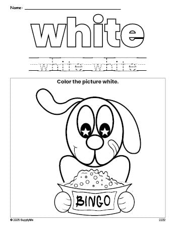 Free dog color white coloring page and color worksheet, white worksheet for preschoolers to learn colors, printable PDF