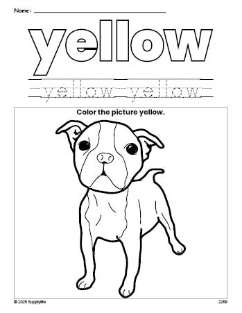 Free dog color yellow coloring page and color worksheet, yellow worksheet for preschoolers to learn colors, printable PDF