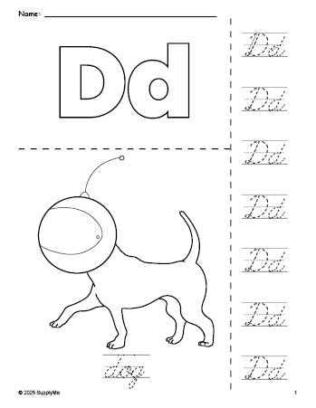 Free printable dog coloring page and cursive letter tracing worksheet, letter d worksheet for preschool, pre-k, and kindergarten, PDF