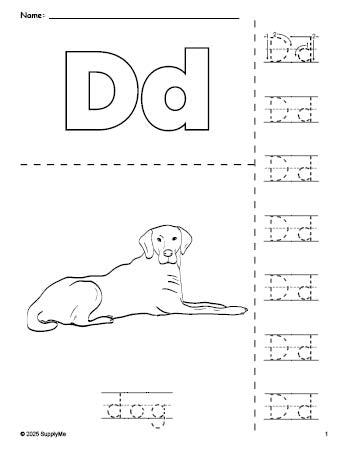 Free printable dog coloring page and letter tracing worksheet, letter d worksheet for preschool, pre-k, and kindergarten, PDF