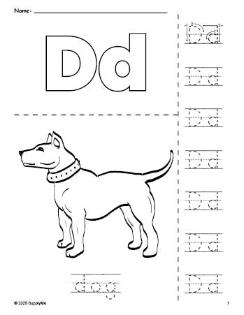 Free printable dog coloring page and letter tracing worksheet, letter d worksheet for preschool, pre-k, and kindergarten, PDF