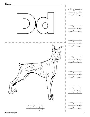 Free printable dog coloring page and letter tracing worksheet, letter d worksheet for preschool, pre-k, and kindergarten, PDF