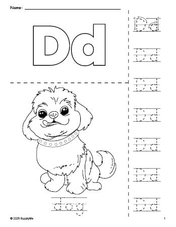 Free printable dog coloring page and letter tracing worksheet, letter d worksheet for preschool, pre-k, and kindergarten, PDF