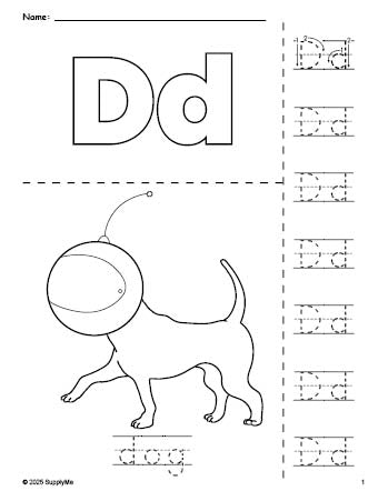 Free printable dog coloring page and letter tracing worksheet, letter d worksheet for preschool, pre-k, and kindergarten, PDF