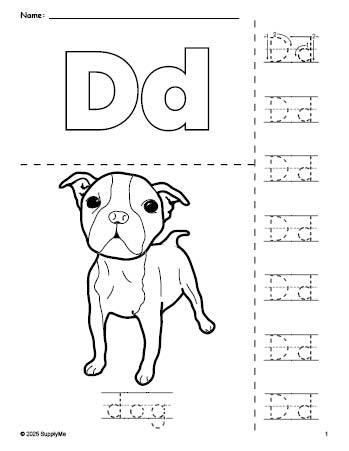 Free printable dog coloring page and letter tracing worksheet, letter d worksheet for preschool, pre-k, and kindergarten, PDF