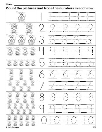 Free printable dog counting worksheet for preschool and pre-k with number tracing practice 1-10, PDF