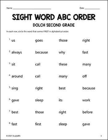 Second Grade Sight Words Worksheets - ABC Order, All 46 Dolch 2nd Grade Sight Words