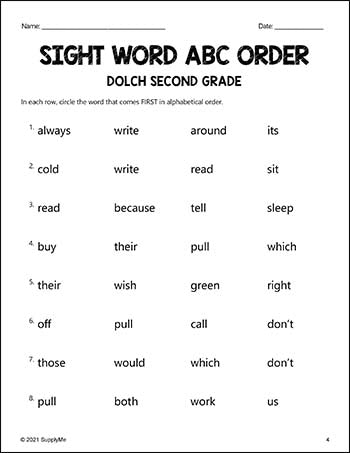 Second Grade Sight Words Worksheets - ABC Order, All 46 Dolch 2nd Grade Sight Words