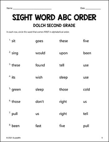 Second Grade Sight Words Worksheets - ABC Order, All 46 Dolch 2nd Grade Sight Words
