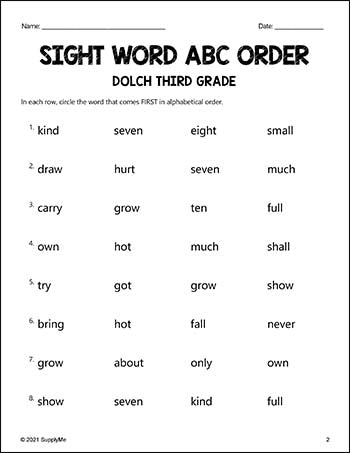 Third Grade Sight Words Worksheets - ABC Order, All 41 Dolch 3rd Grade Sight Words