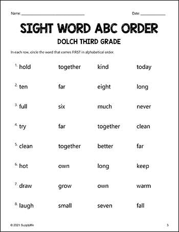Third Grade Sight Words Worksheets - ABC Order, All 41 Dolch 3rd Grade Sight Words