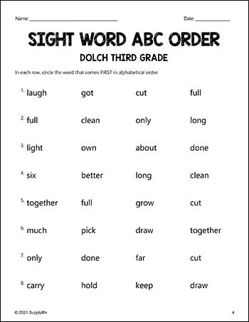 Third Grade Sight Words Worksheets - ABC Order, All 41 Dolch 3rd Grade Sight Words