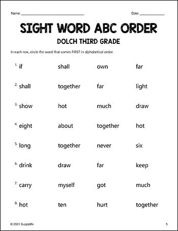 Third Grade Sight Words Worksheets - ABC Order, All 41 Dolch 3rd Grade Sight Words