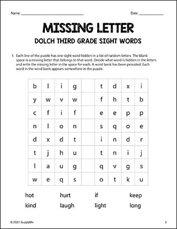 Third Grade Sight Words Worksheets - Missing Letter, All 41 Dolch 3rd Grade Sight Words