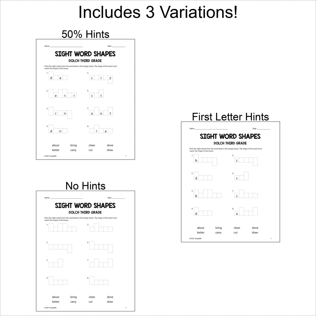 Third Grade Sight Words Worksheets - Word Shapes, 3 Variations, All 41 Dolch 3rd Grade Sight Words