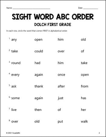 First Grade Sight Words Worksheets - ABC Order, All 41 Dolch 1st Grade Sight Words