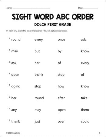 First Grade Sight Words Worksheets - ABC Order, All 41 Dolch 1st Grade Sight Words