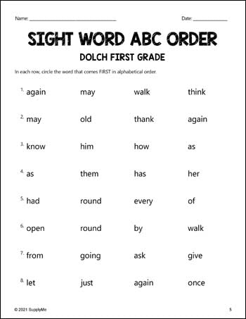 First Grade Sight Words Worksheets - ABC Order, All 41 Dolch 1st Grade Sight Words