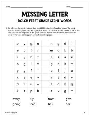 First Grade Sight Words Worksheets - Missing Letter, All 41 Dolch 1st Grade Sight Words