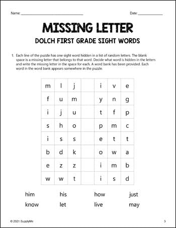 First Grade Sight Words Worksheets - Missing Letter, All 41 Dolch 1st Grade Sight Words