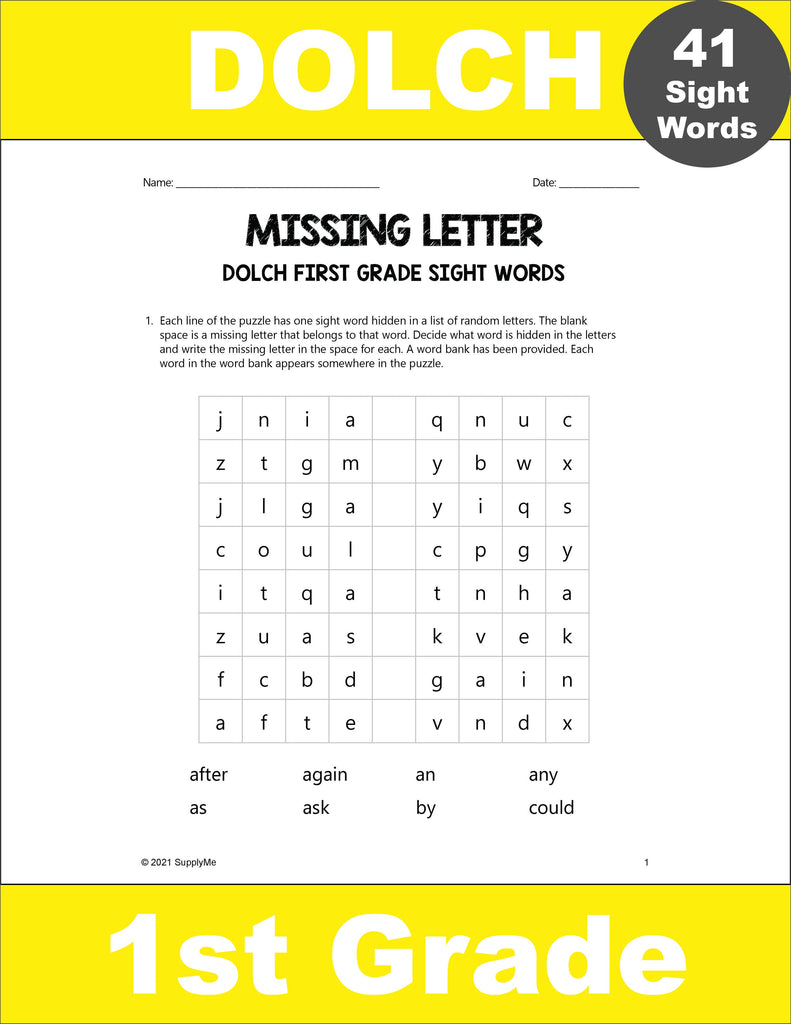 First Grade Sight Words Worksheets - Missing Letter, All 41 Dolch 1st Grade Sight Words