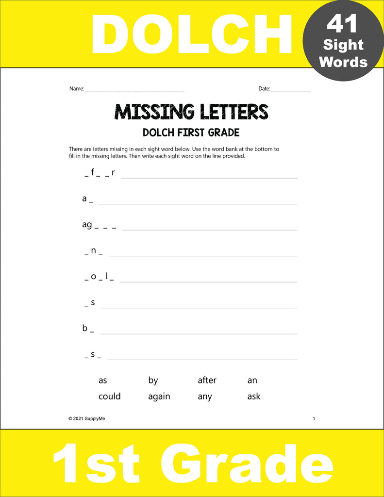 First Grade Sight Words Worksheets - Missing Letters, All 41 Dolch 1st Grade Sight Words
