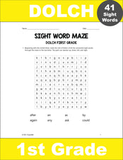 First Grade Sight Words Worksheets - Sight Word Maze, All 41 Dolch 1st Grade Sight Words
