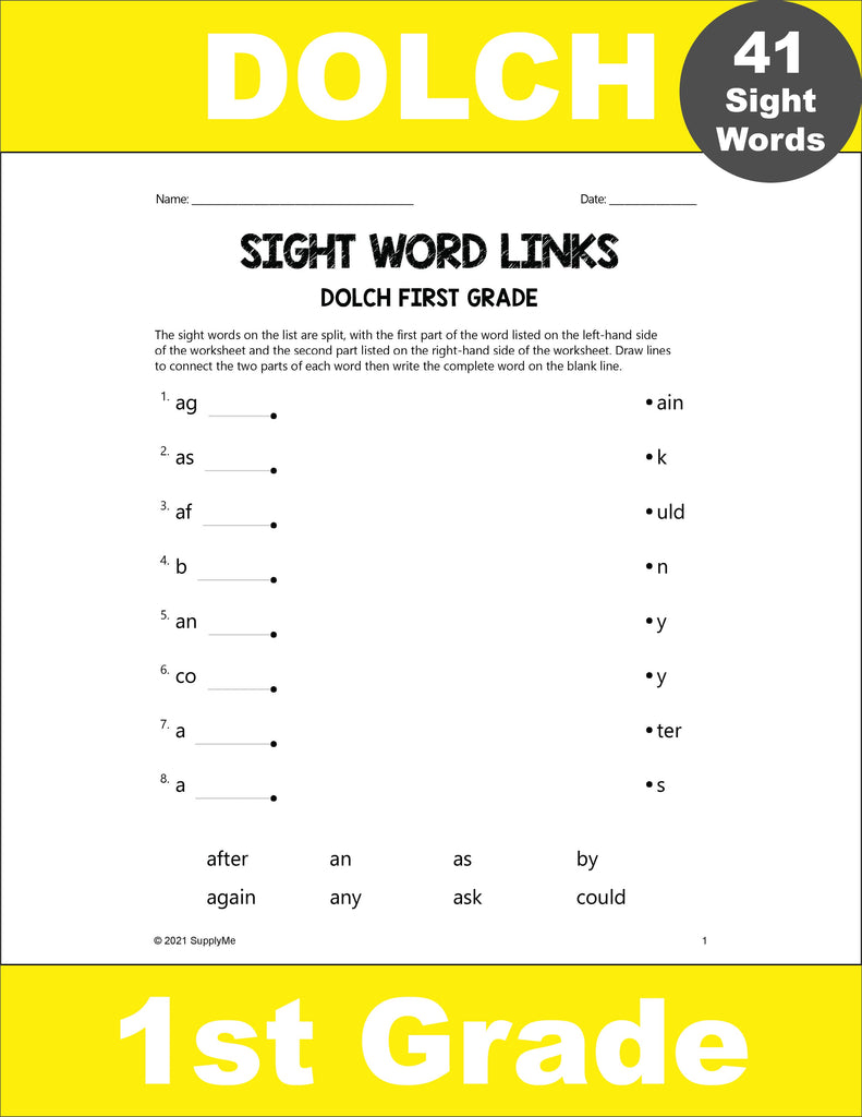 First Grade Sight Words Worksheets - Word Links, All 41 Dolch 1st Grade Sight Words