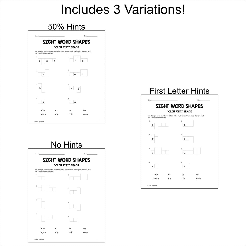 First Grade Sight Words Worksheets - Word Shapes, 3 Variations, All 41 Dolch 1st Grade Sight Words