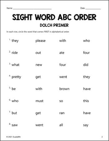 Kindergarten Sight Words Worksheets - ABC Order, All 52 Dolch Primer Sight Words