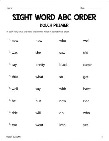 Kindergarten Sight Words Worksheets - ABC Order, All 52 Dolch Primer Sight Words