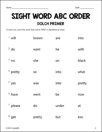 Kindergarten Sight Words Worksheets - ABC Order, All 52 Dolch Primer Sight Words