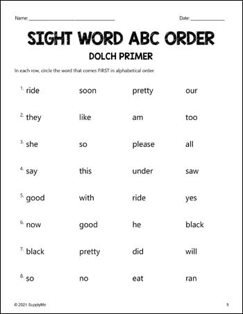 Kindergarten Sight Words Worksheets - ABC Order, All 52 Dolch Primer Sight Words