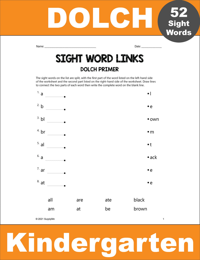 Kindergarten Sight Words Worksheets - Word Links, All 52 Dolch Primer Sight Words